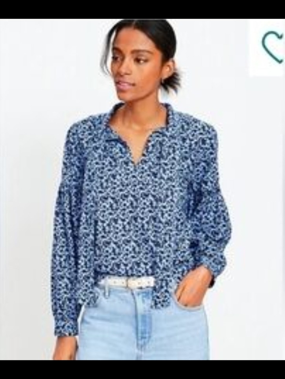 LOFT Blue and White Floral Split-Neck Long Sleeve Blouse